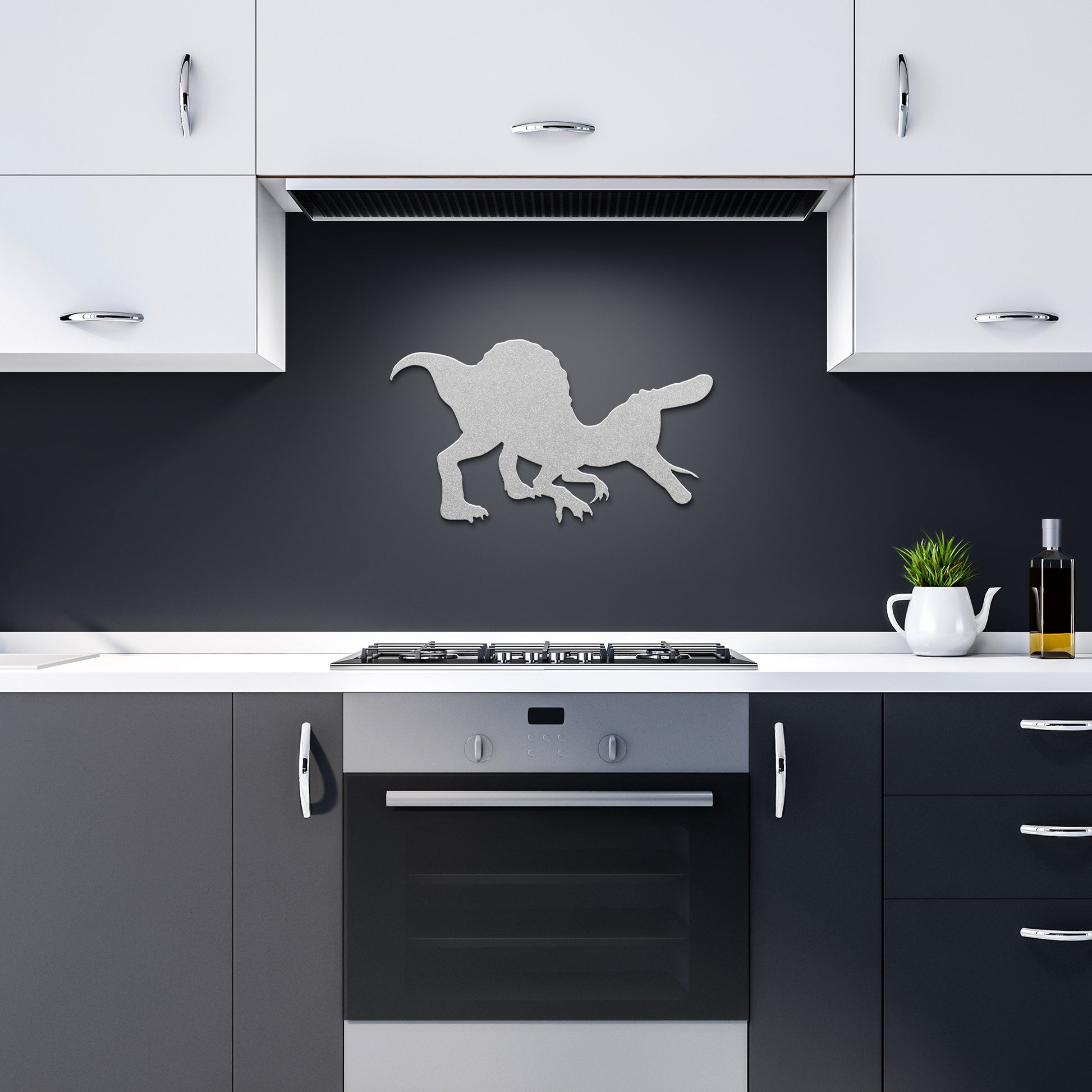 Dinosaur wall art with silver finish for unique room decor.
