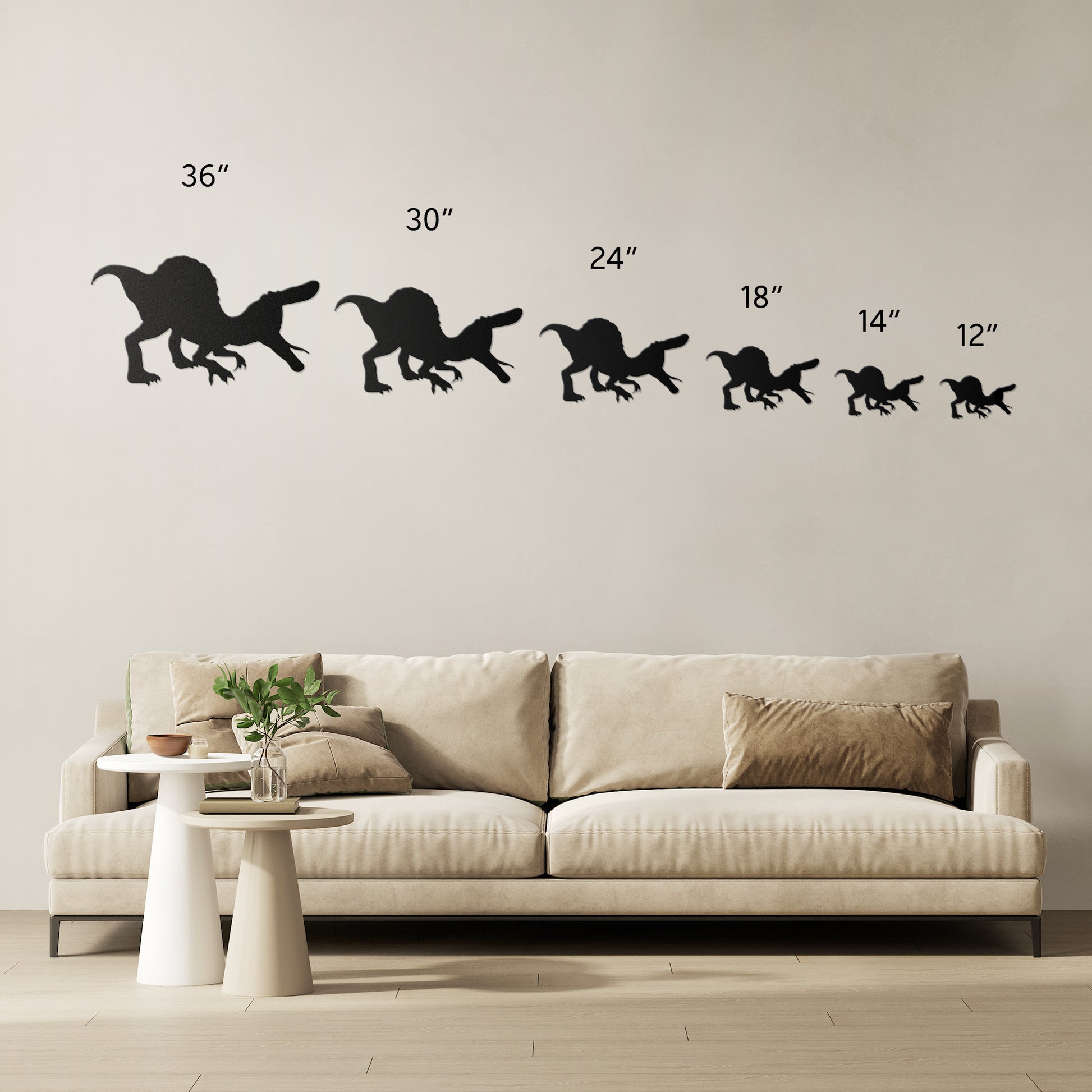 Metal dinosaur wall art in black finish for boys’ rooms.
