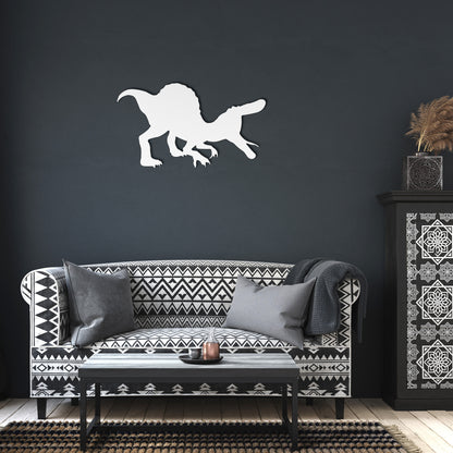 White metal dinosaur wall sign for quirky home decor.
