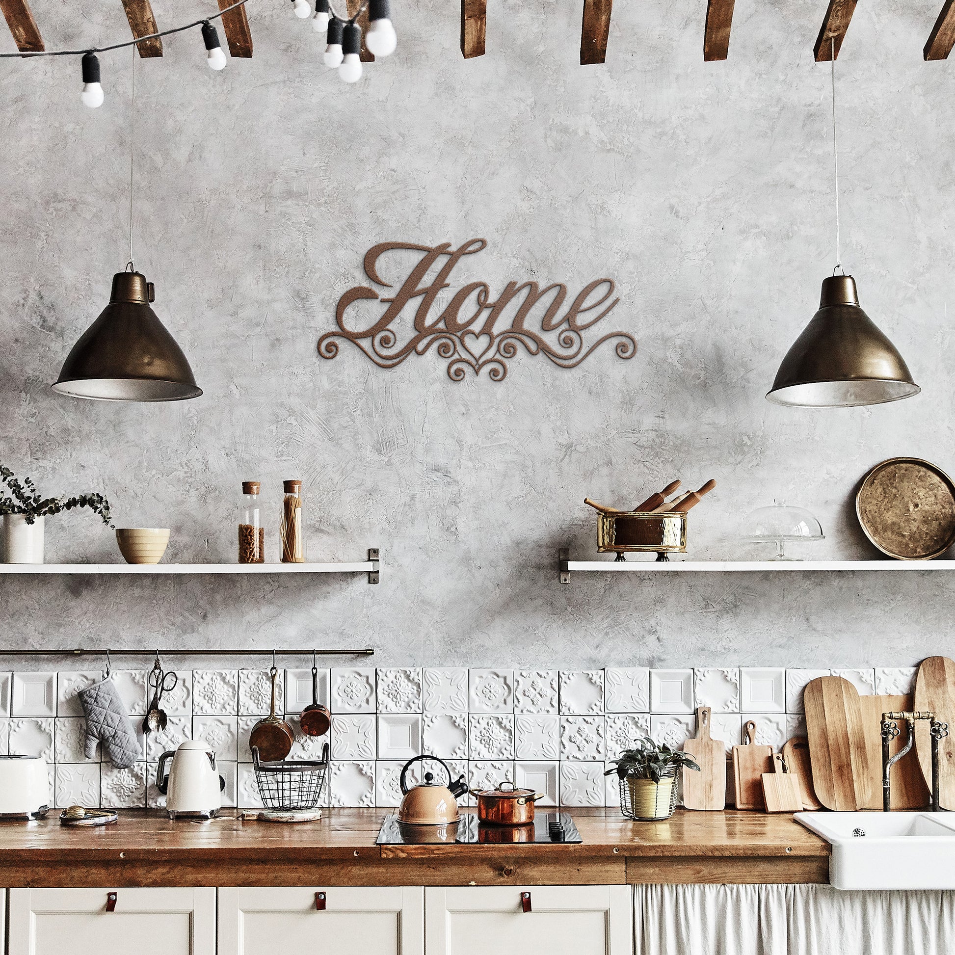 Decorative metal sign for home featuring cursive "home" text
