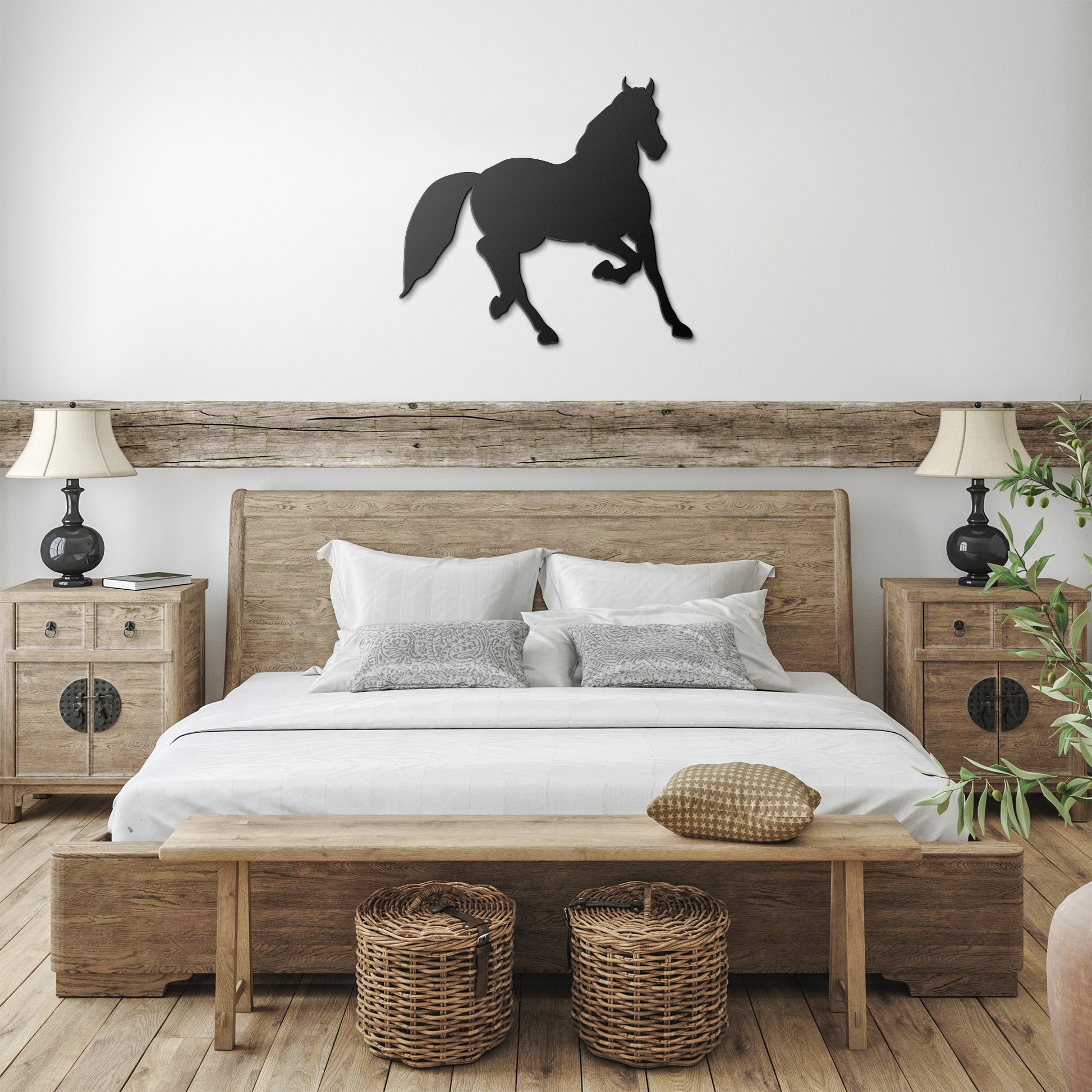 Rustic running horse metal wall art in a 36-inch size.
