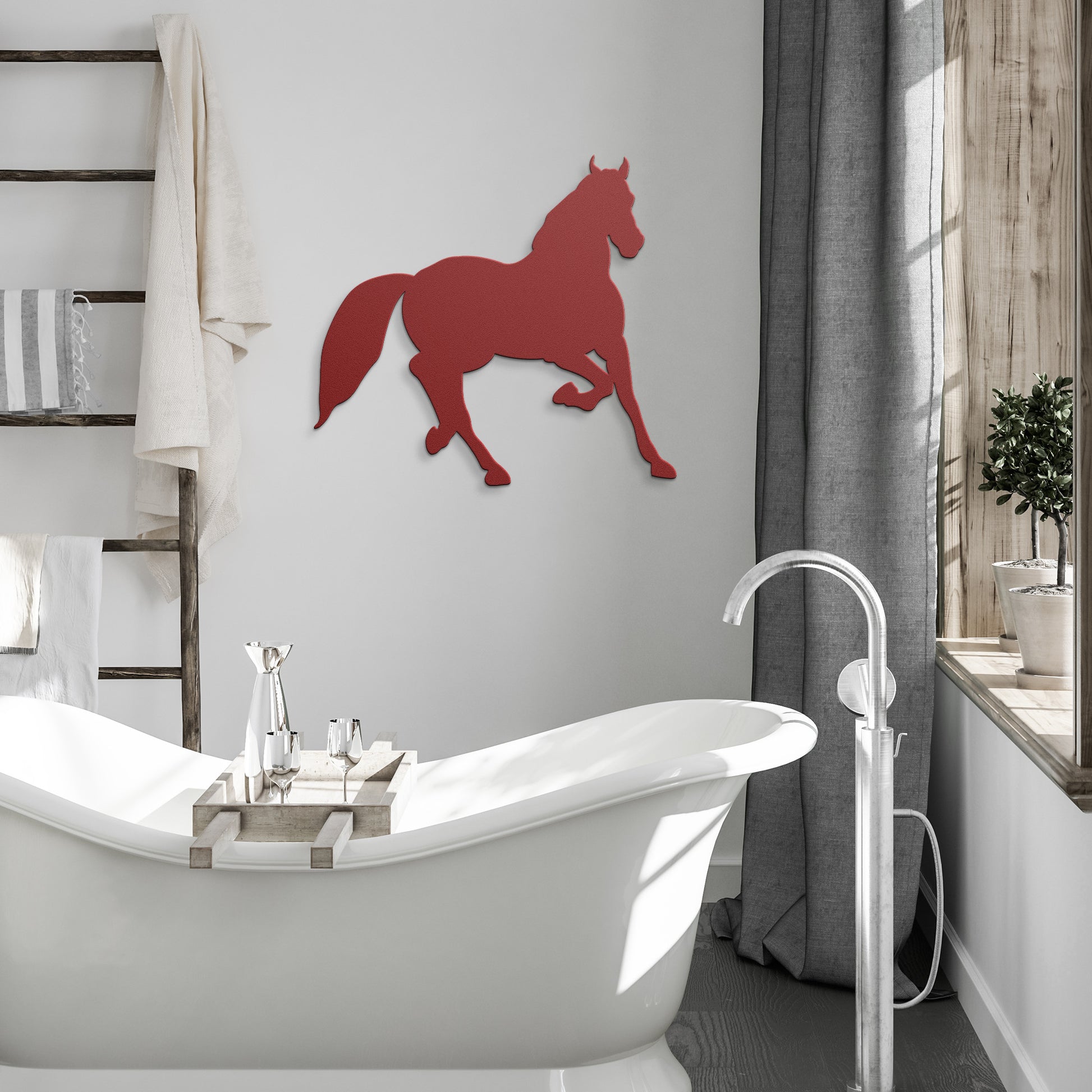Red running horse metal sign perfect for barns or homes.

