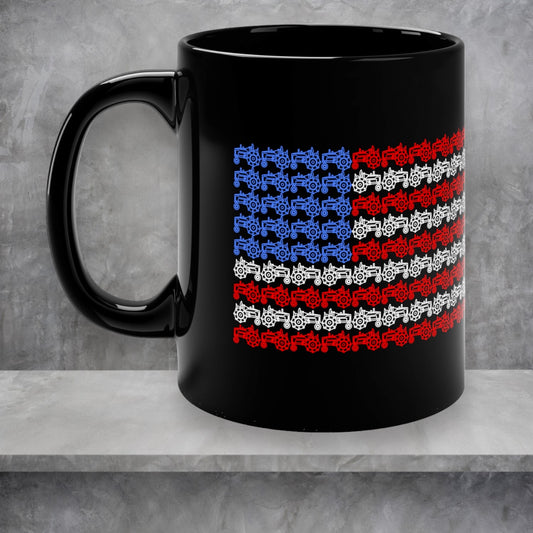 "Tractor American Flag" black ceramic 11oz coffee mug for patriots.