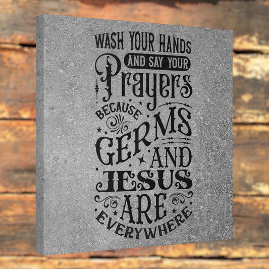Inspirational hygiene and faith canvas wall art in soothing stone grey.
