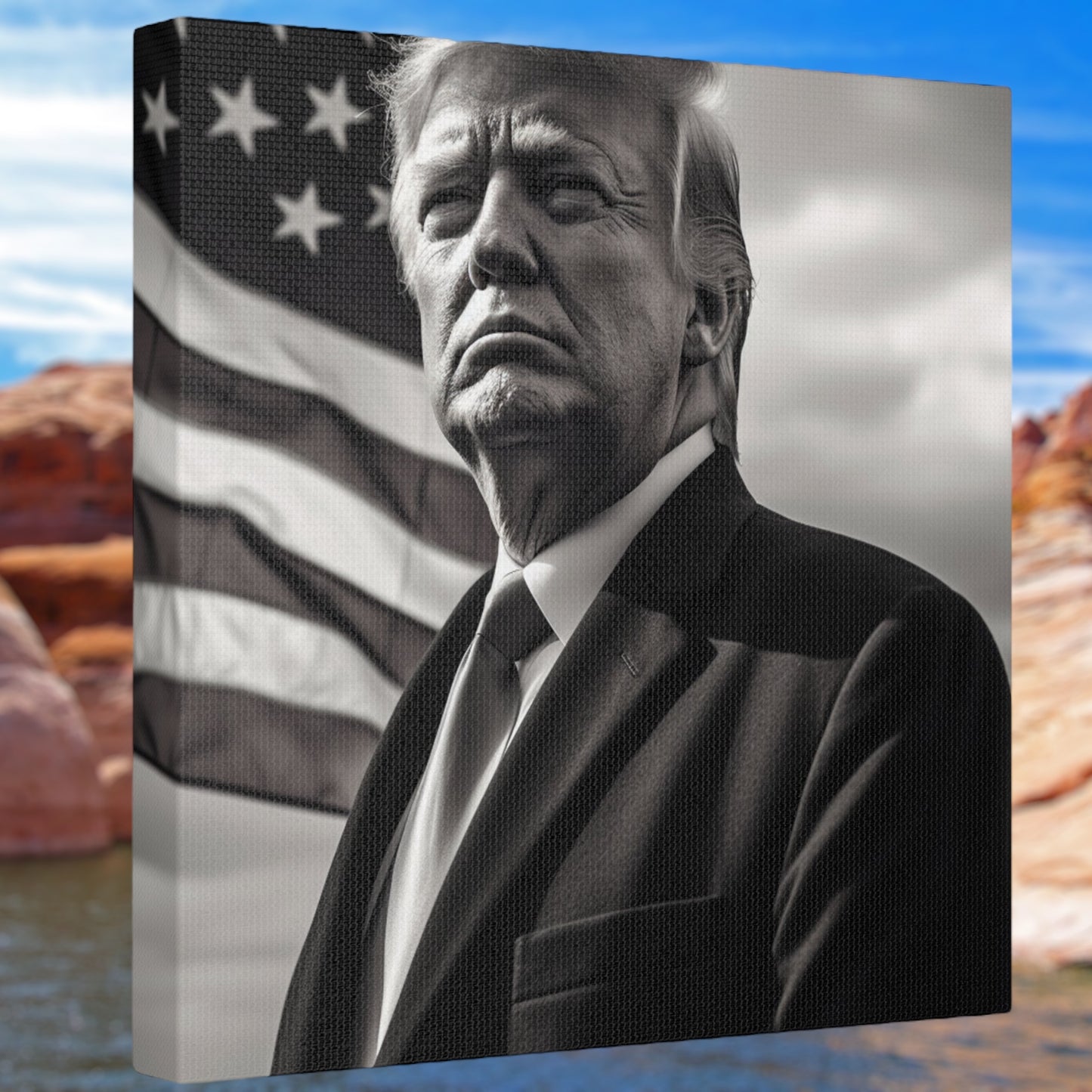 Donald Trump canvas wall art with black-and-white portrait and American flag.
