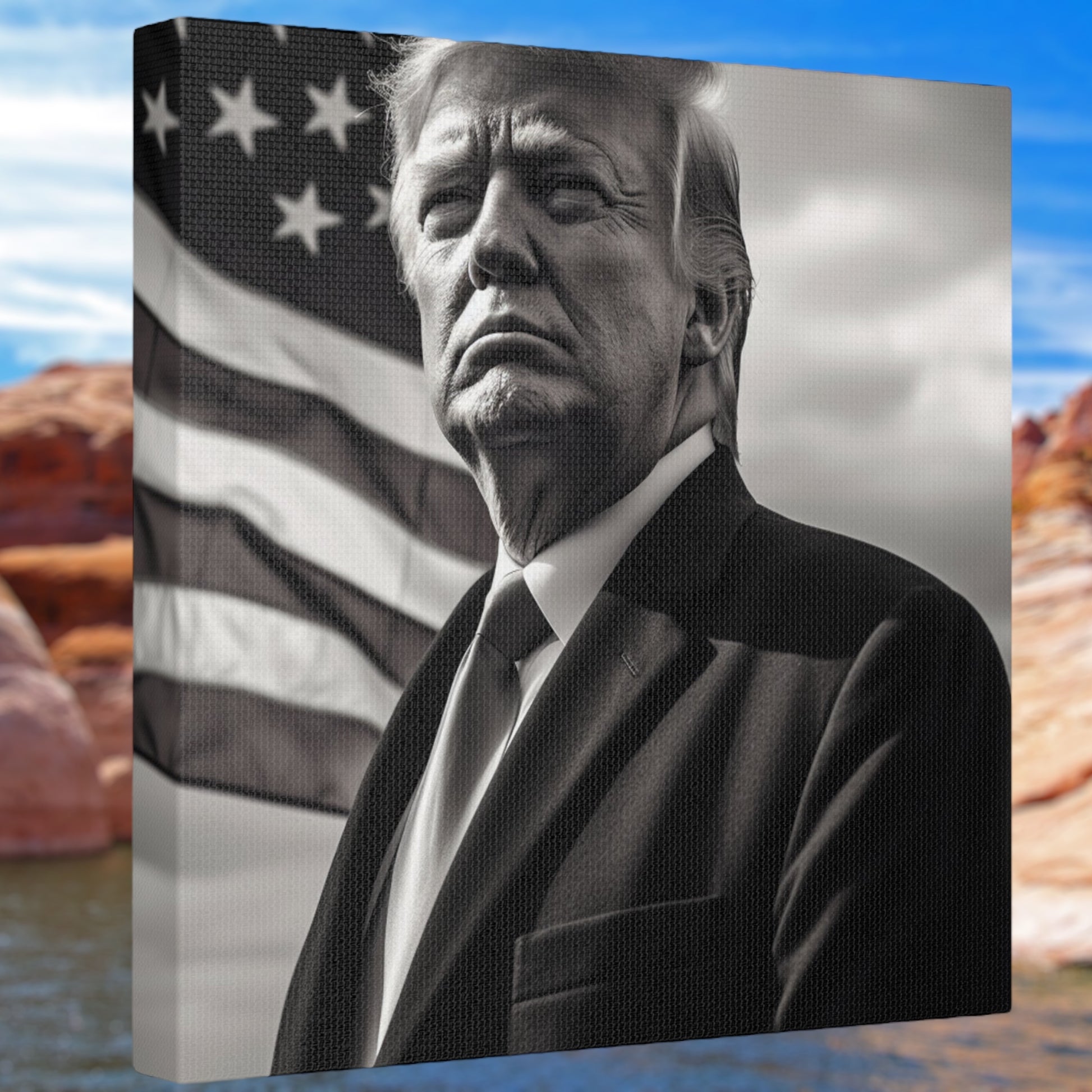 Donald Trump canvas wall art with black-and-white portrait and American flag.
