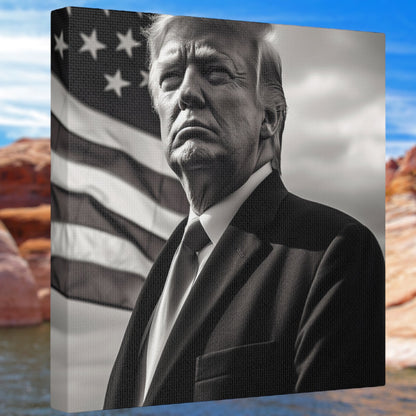Donald Trump canvas wall art with black-and-white portrait and American flag.
