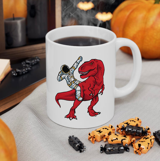 Humorous Coffee Mug – Astronaut Riding a T-Rex Dinosaur

