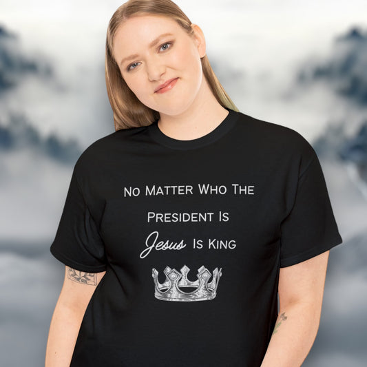 "Jesus Is King" message on rust brown and grey t-shirt