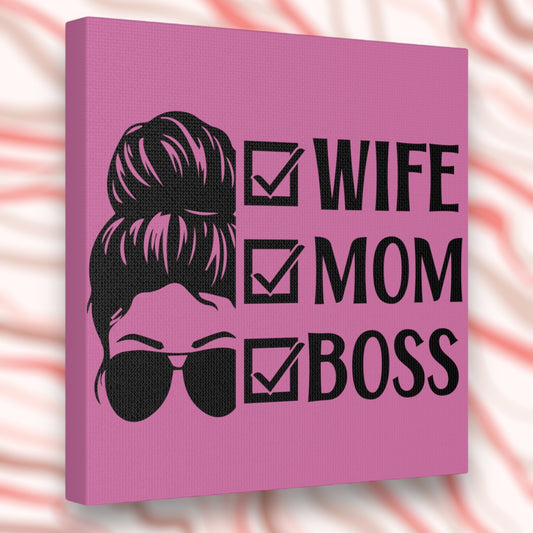Boss mom canvas with pink background and confident mom silhouette.
