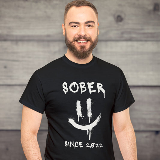 Custom sober t-shirt with personalized recovery year and smiling face design
