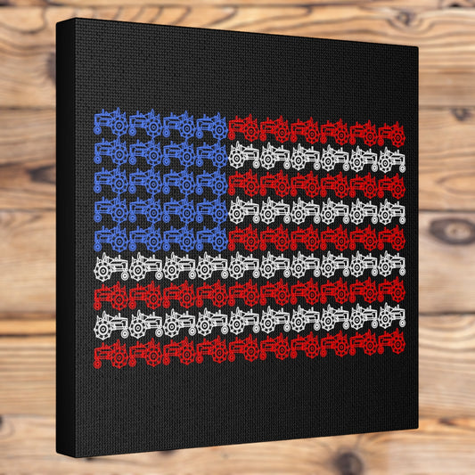 Patriotic canvas wall art featuring an American flag made of tractors
