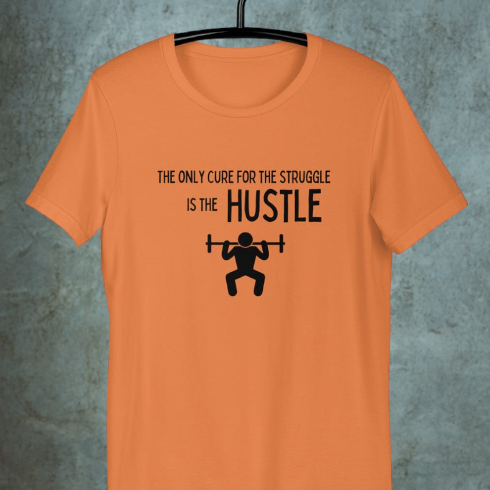 Hustle t-shirt with stick man lifting weights graphic
