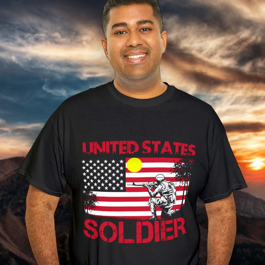 Veteran t-shirt with American flag and soldier holding rifle design.
