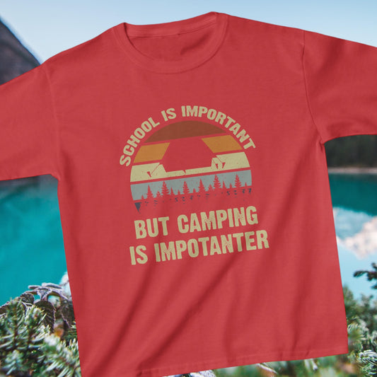 Funny youth camp shirt with "Camping is ImportantER" design.
