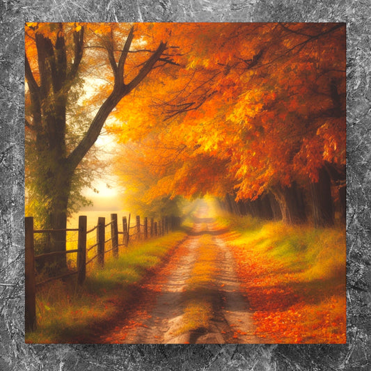 Autumn wall art featuring a dirt road surrounded by colorful fall trees
