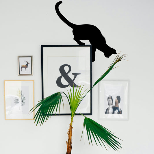 Cat metal art for 90-degree corners with leaning cat design
