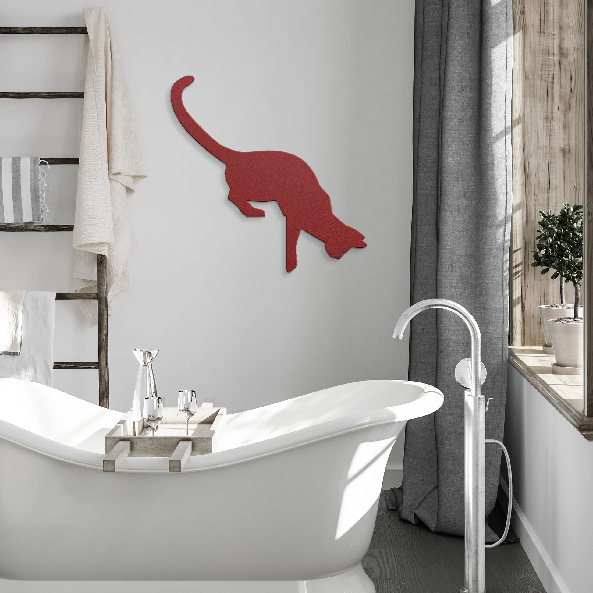 Steel corner wall art featuring a lifelike cat sculpture
