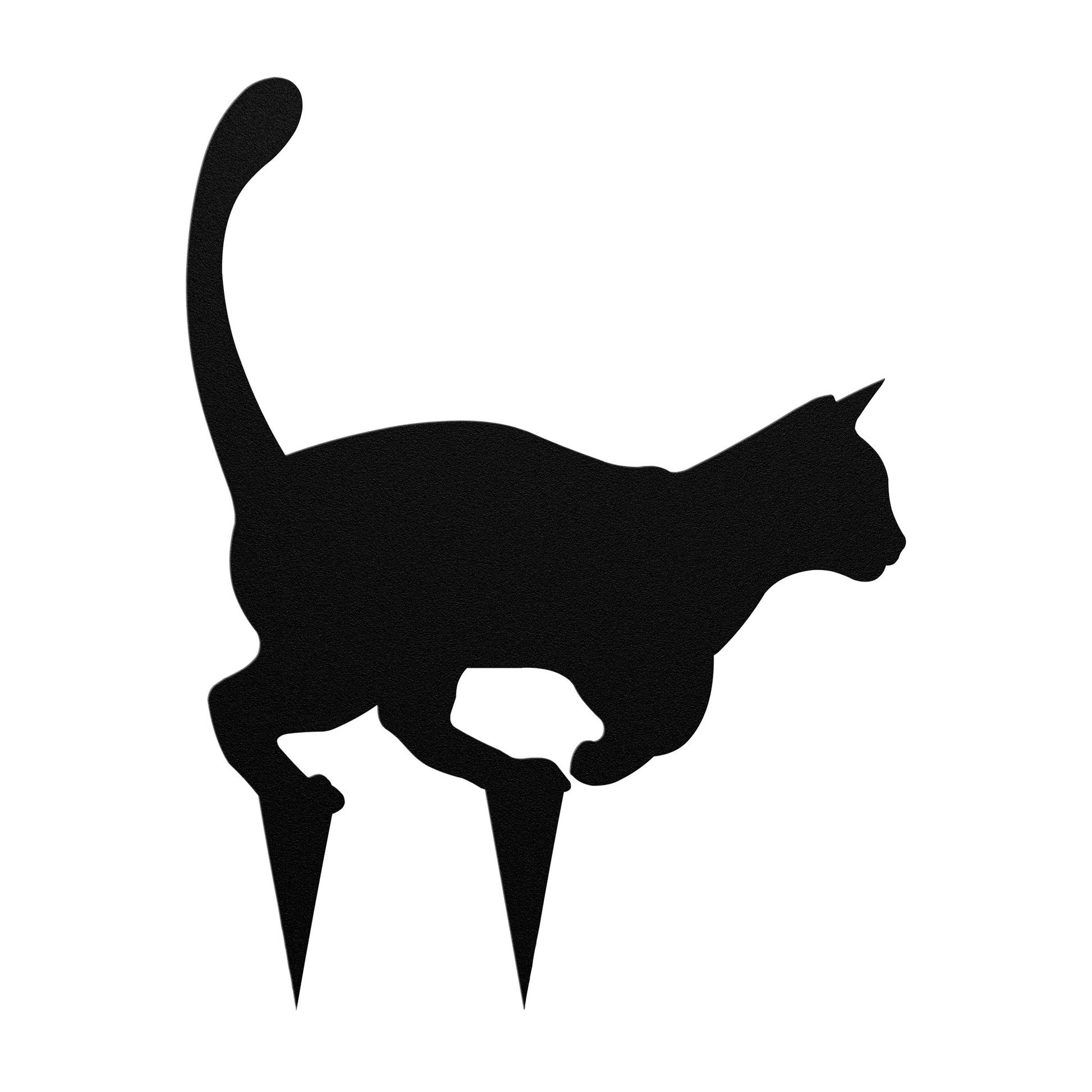 Black metal cat garden sculpture with built-in ground stakes
