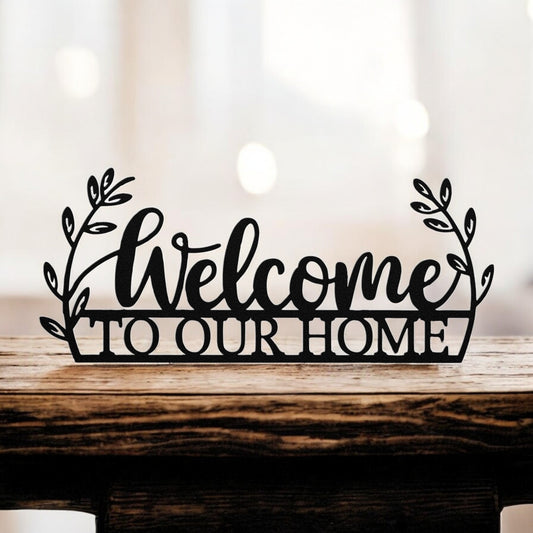 Welcome to our home sign with elegant floral accents in steel

