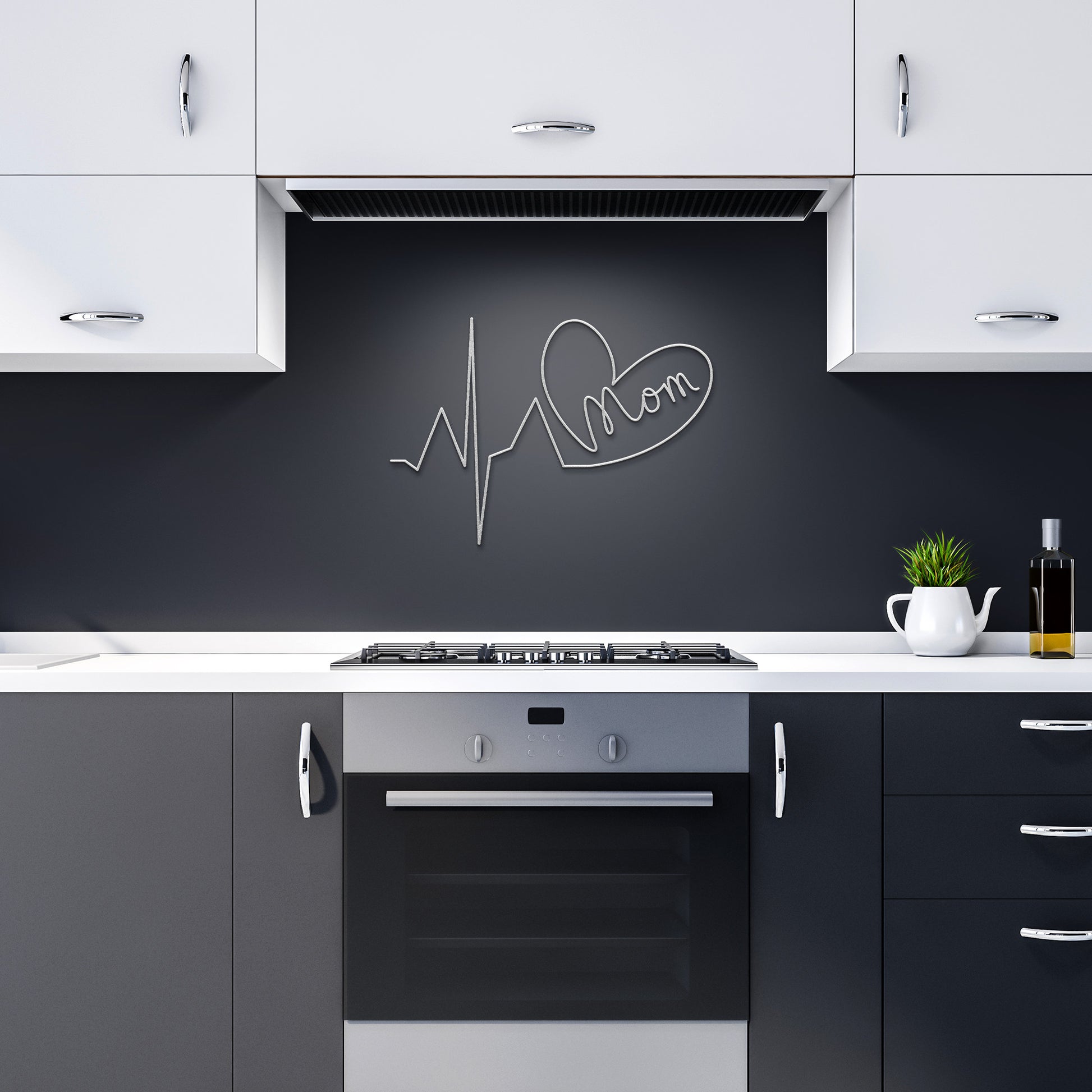 Heart-shaped wall sign with heartbeat design and word Mom