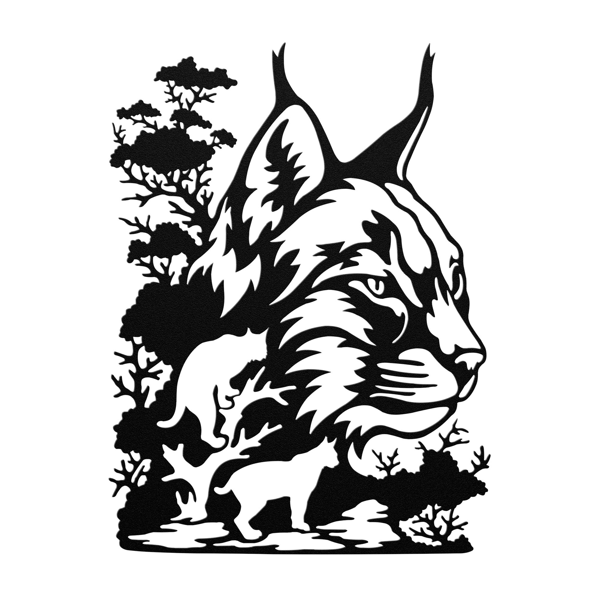 Hunting lodge decor featuring a laser-cut steel wildcat design
