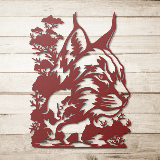 Bobcat sign with steel cut design featuring trees and wildlife theme
