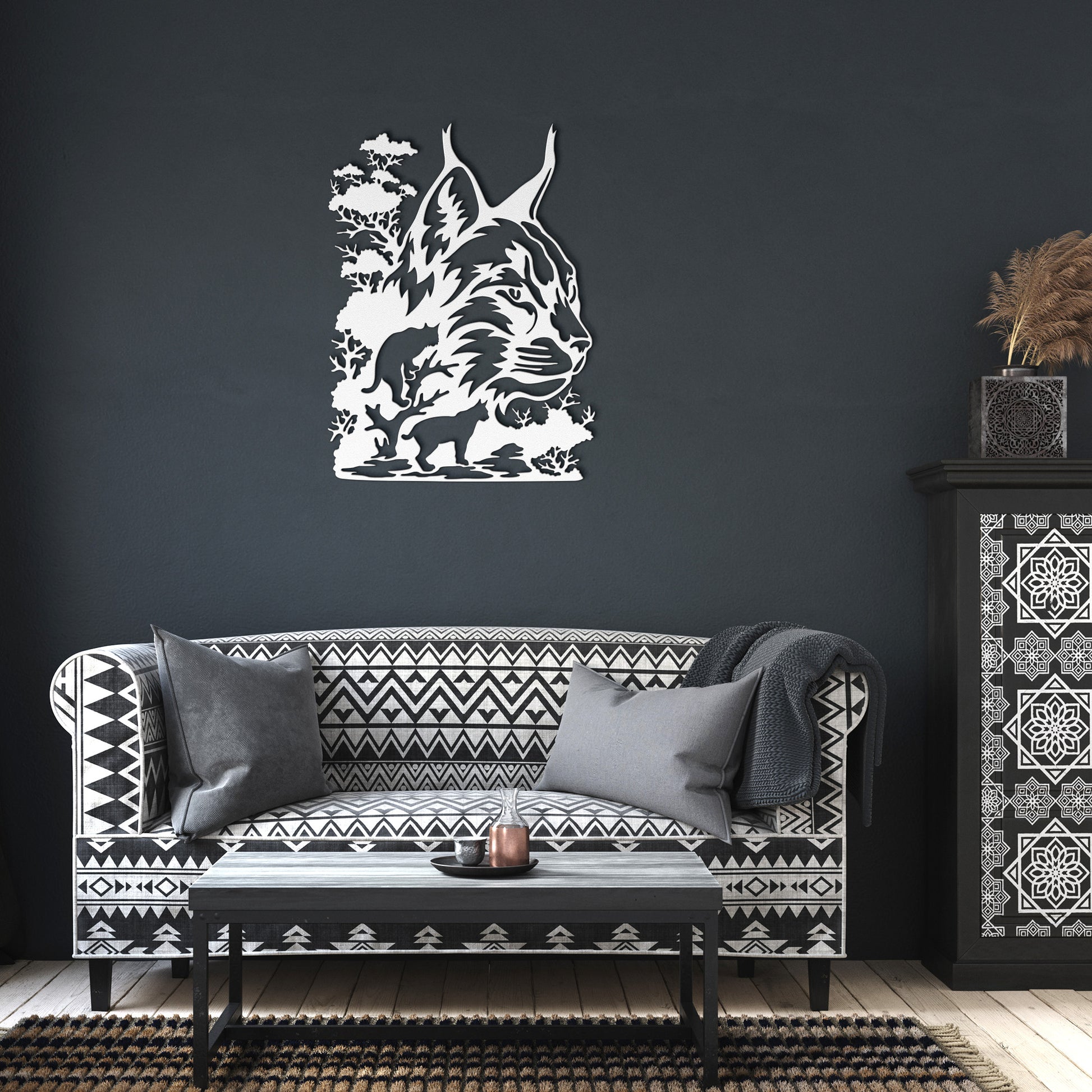 Large nature wall art with detailed bobcat and forest scene
