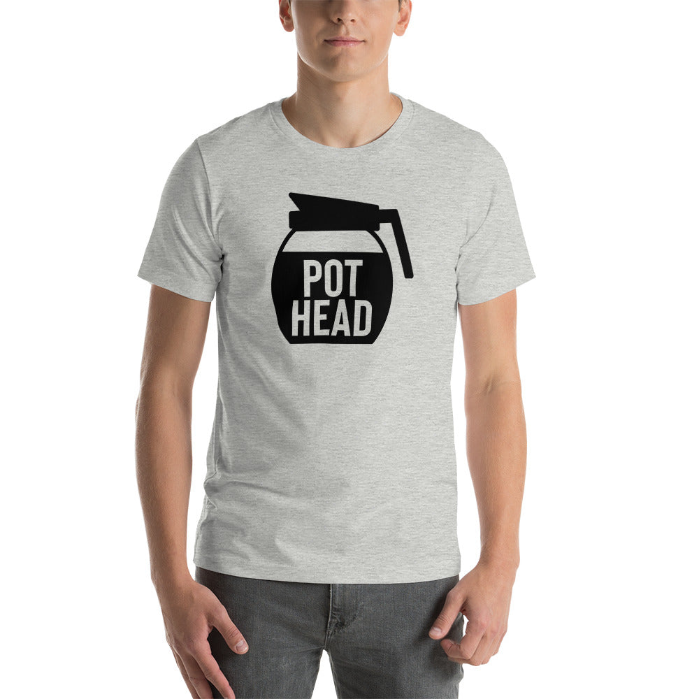 "High-quality 'Pot Head' coffee humor t-shirt in various colors."