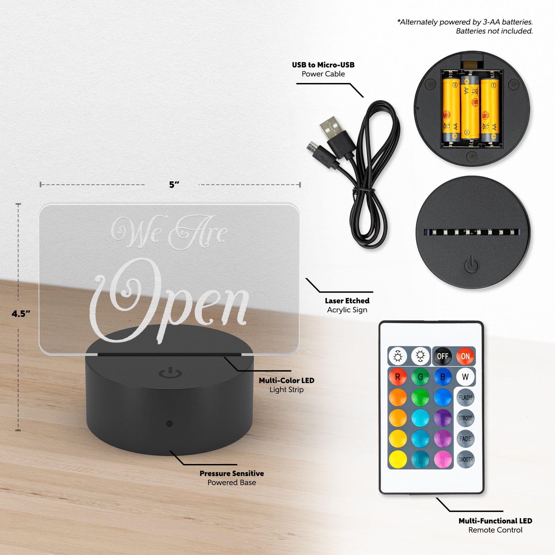 LED open sign with remote-controlled color settings
