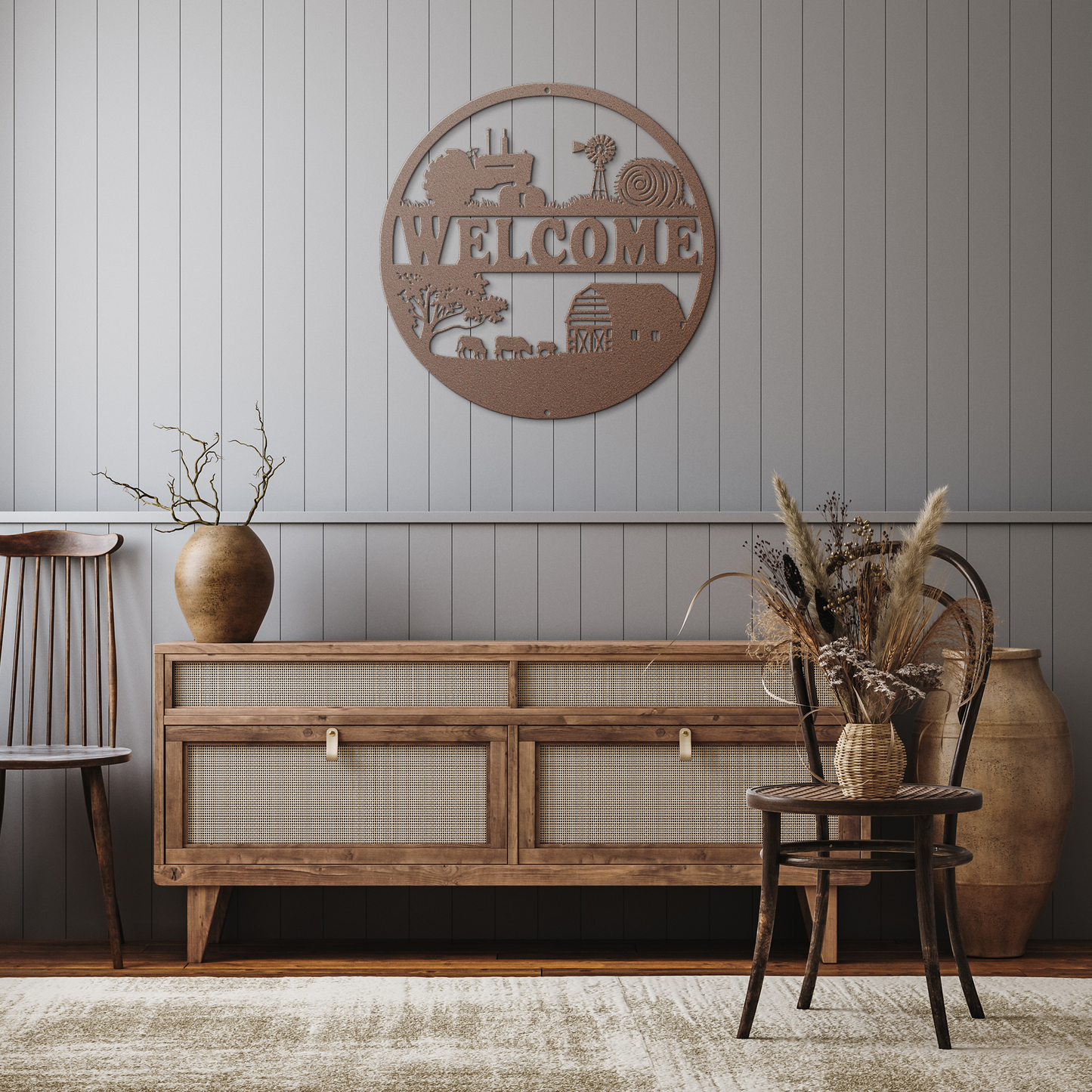 Welcome to our farm sign with intricate farm-themed illustrations
