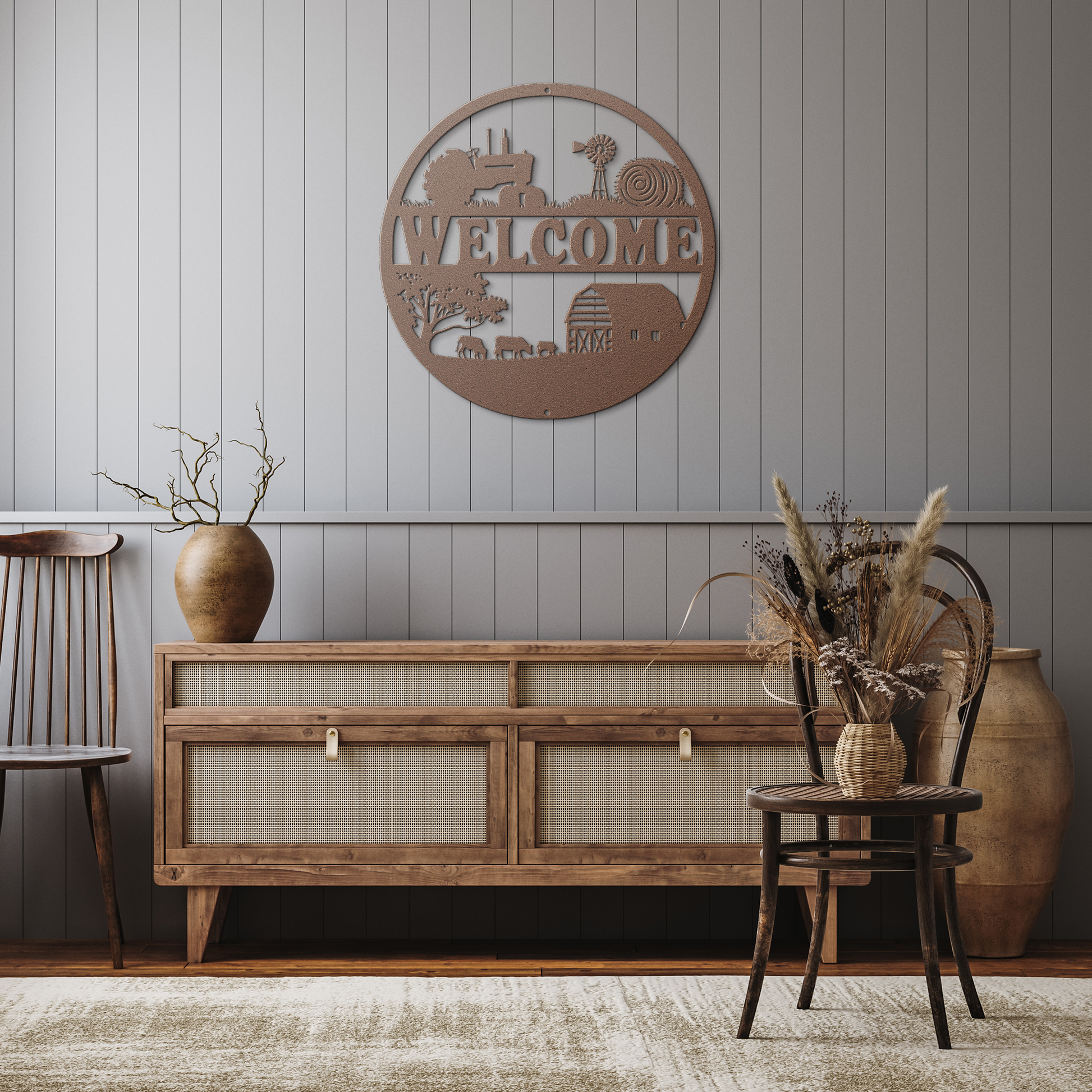 Welcome to our farm sign with intricate farm-themed illustrations
