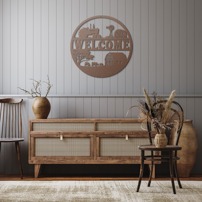 Welcome to our farm sign with intricate farm-themed illustrations

