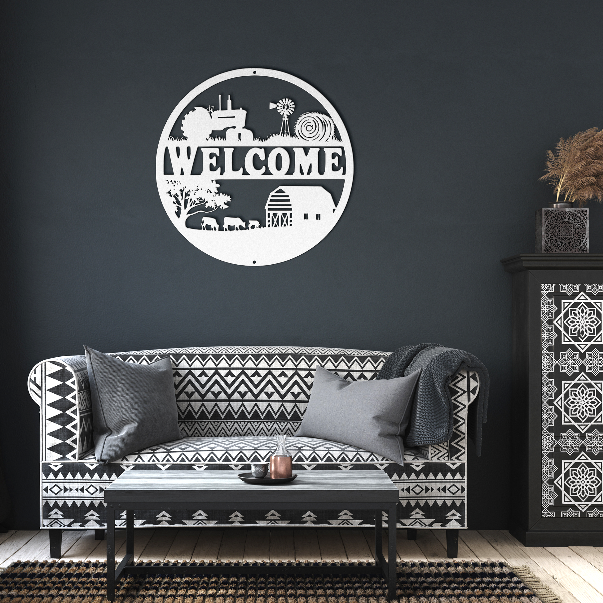 Round farmhouse welcome sign with pre-drilled mounting holes
