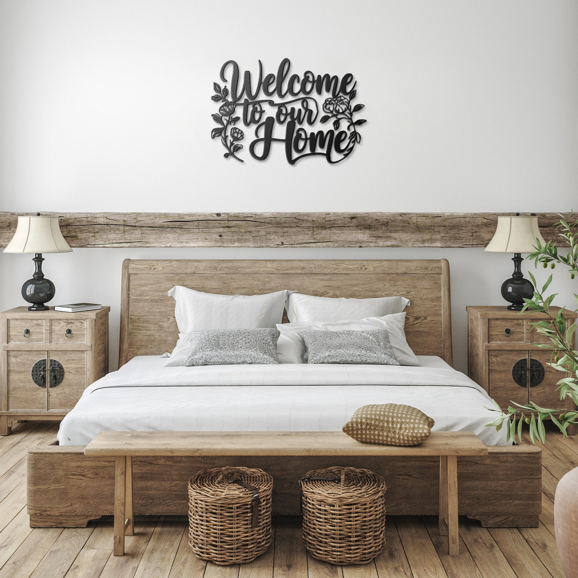 Metal welcome sign outdoor with "Welcome to Our Home" text and floral accents
