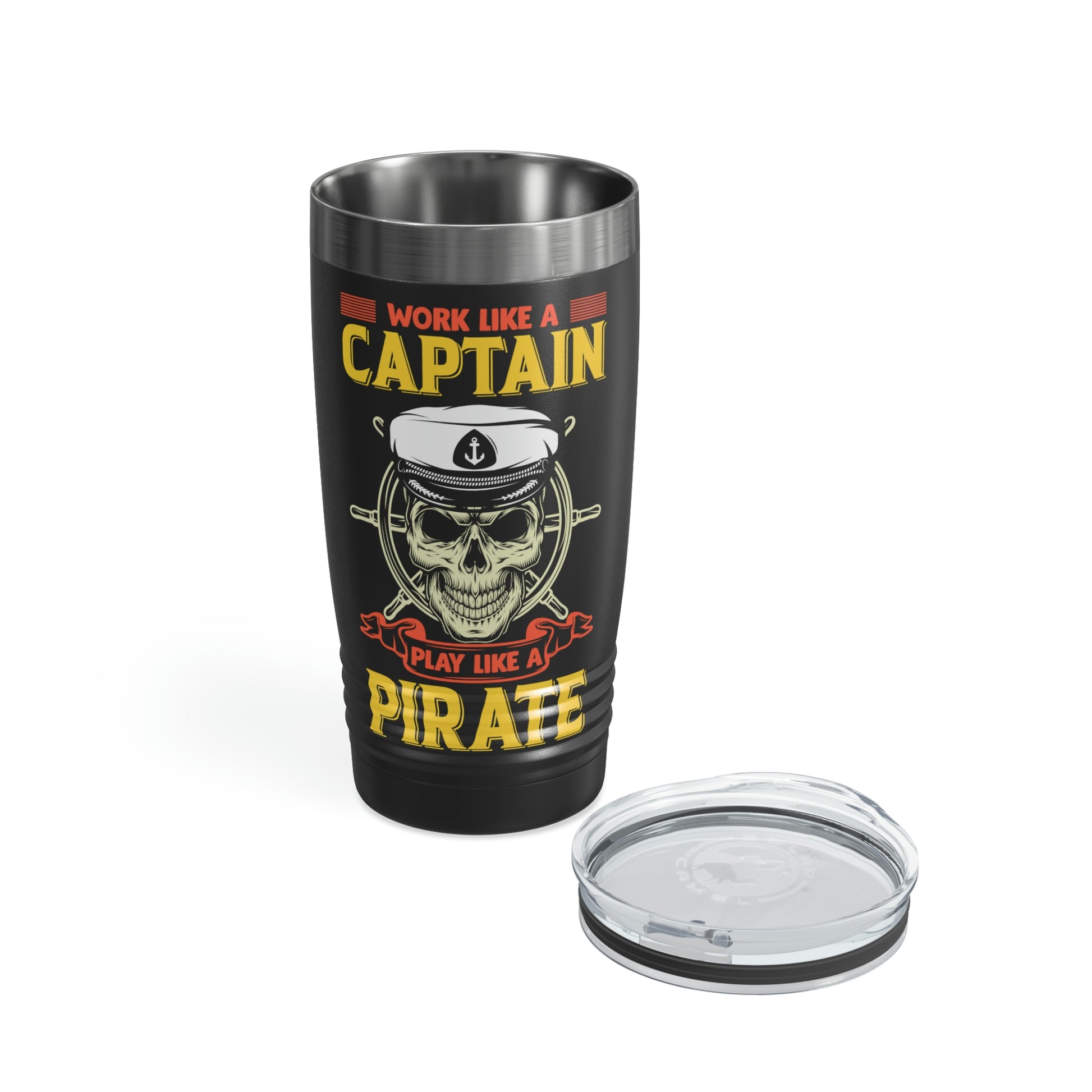 Stainless steel travel tumbler with pirate skull face
