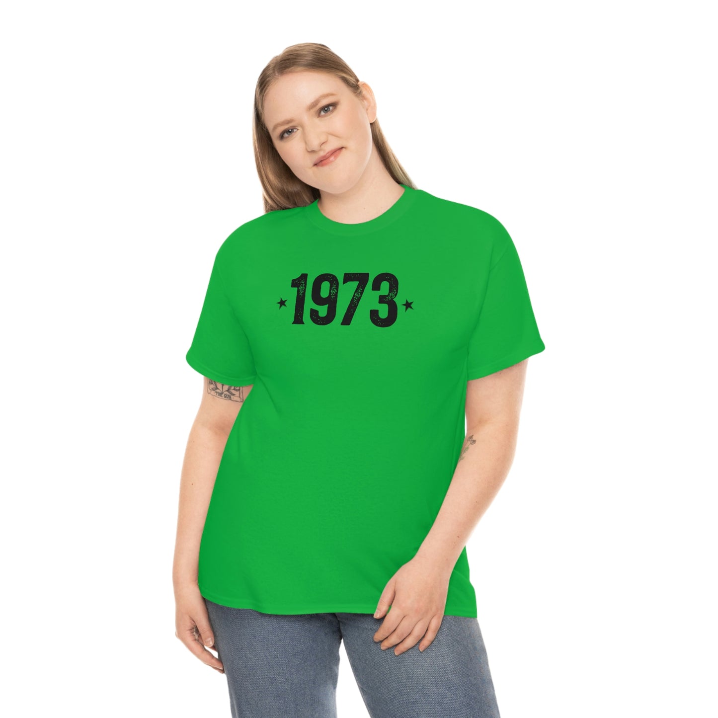 Durable "1973 Birthday Year" T-Shirt with shoulder tape reinforcement.