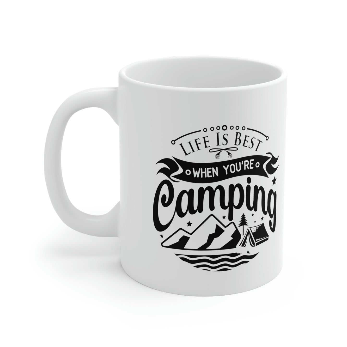 Mountain and lake graphic camping mug
