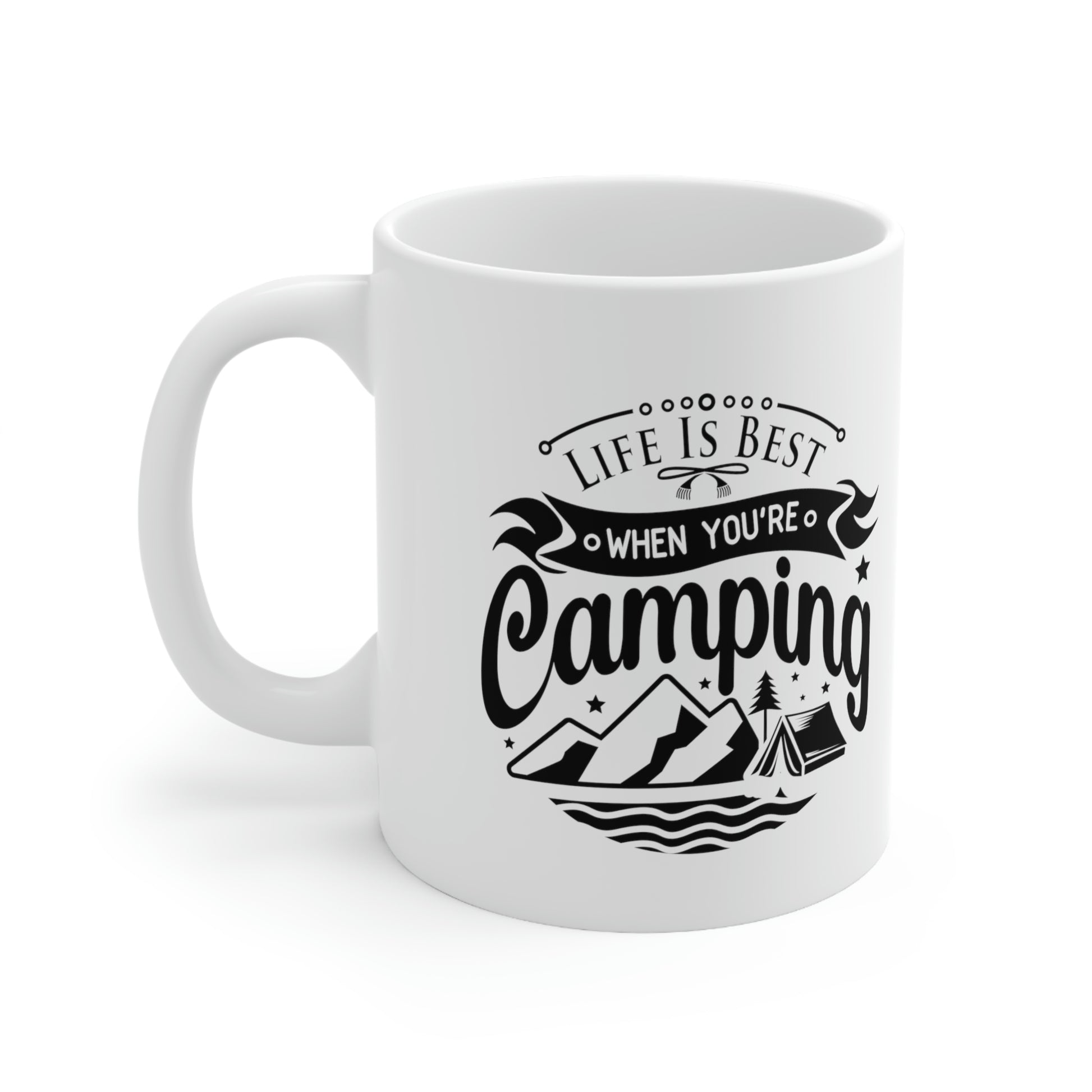 Mountain and lake graphic camping mug
