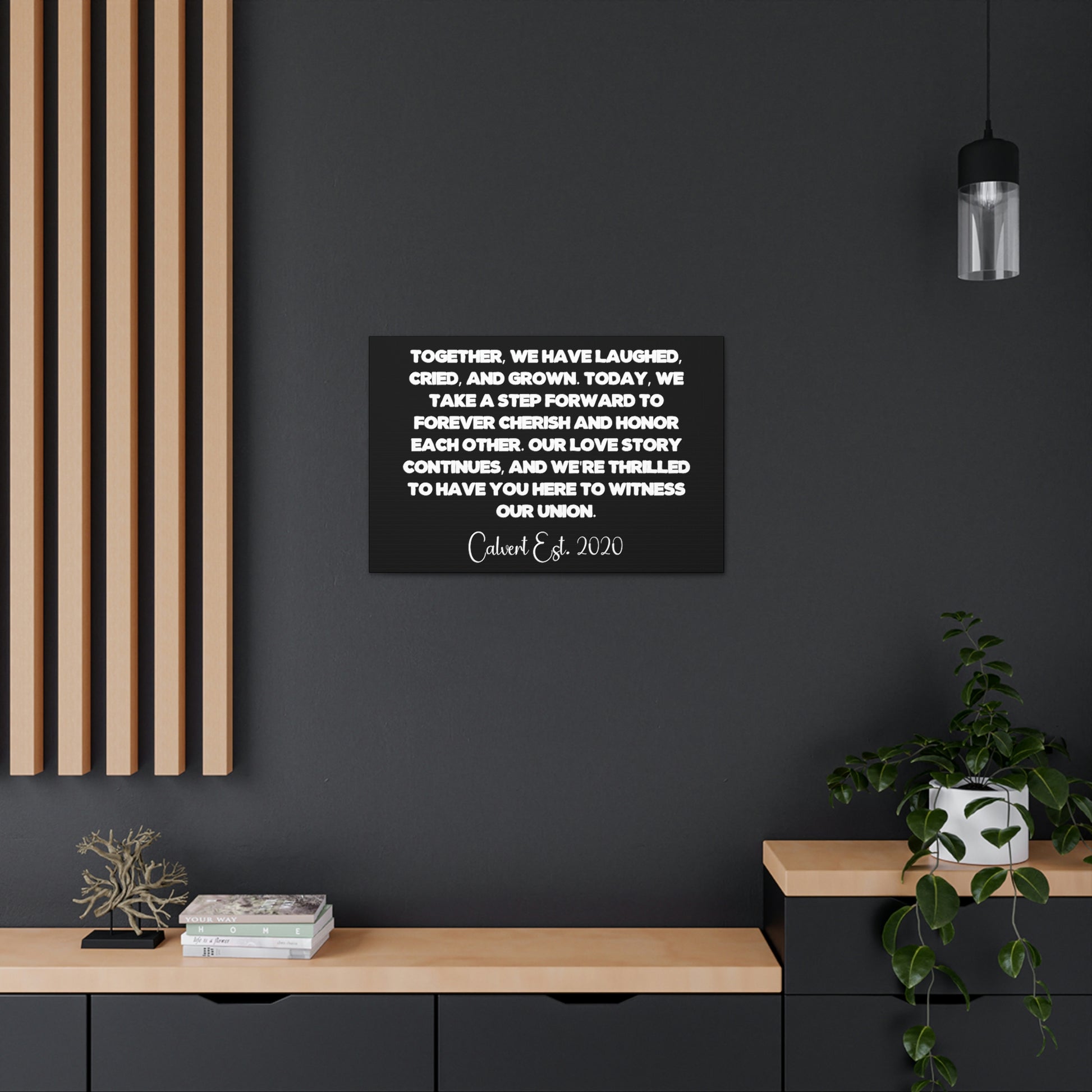 Custom home decor with wedding vows and couple names
