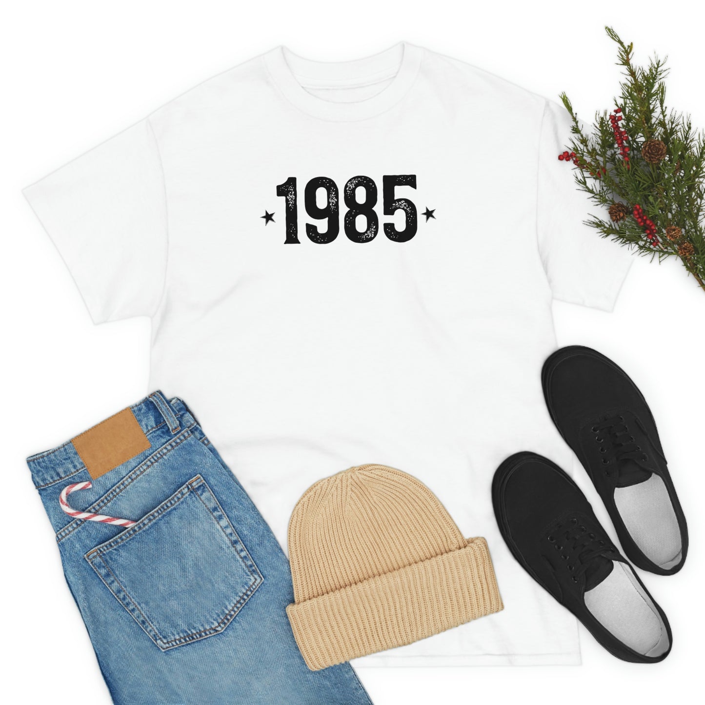 Commemorate the year 1985 with a cotton t-shirt featuring a tear-away label