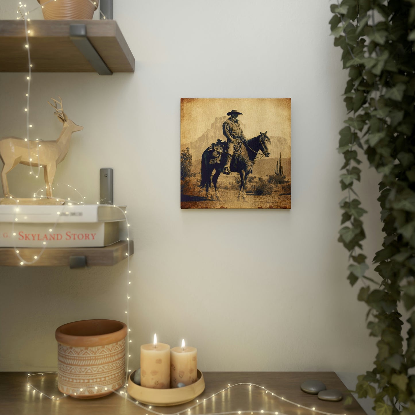 Cowboy on horseback vintage-style canvas wall art

