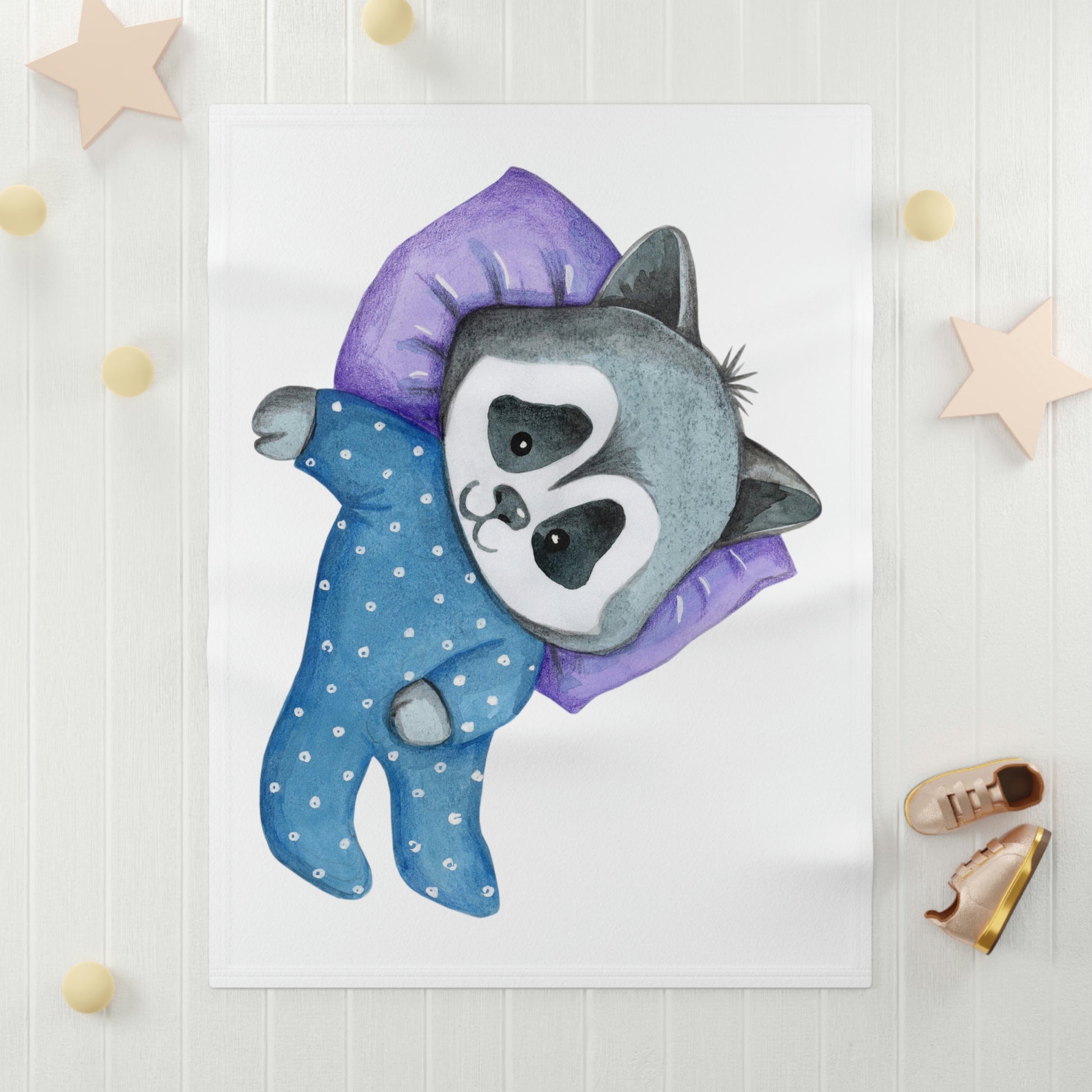 Sleepy boy raccoon kids blanket in blue pajamas
