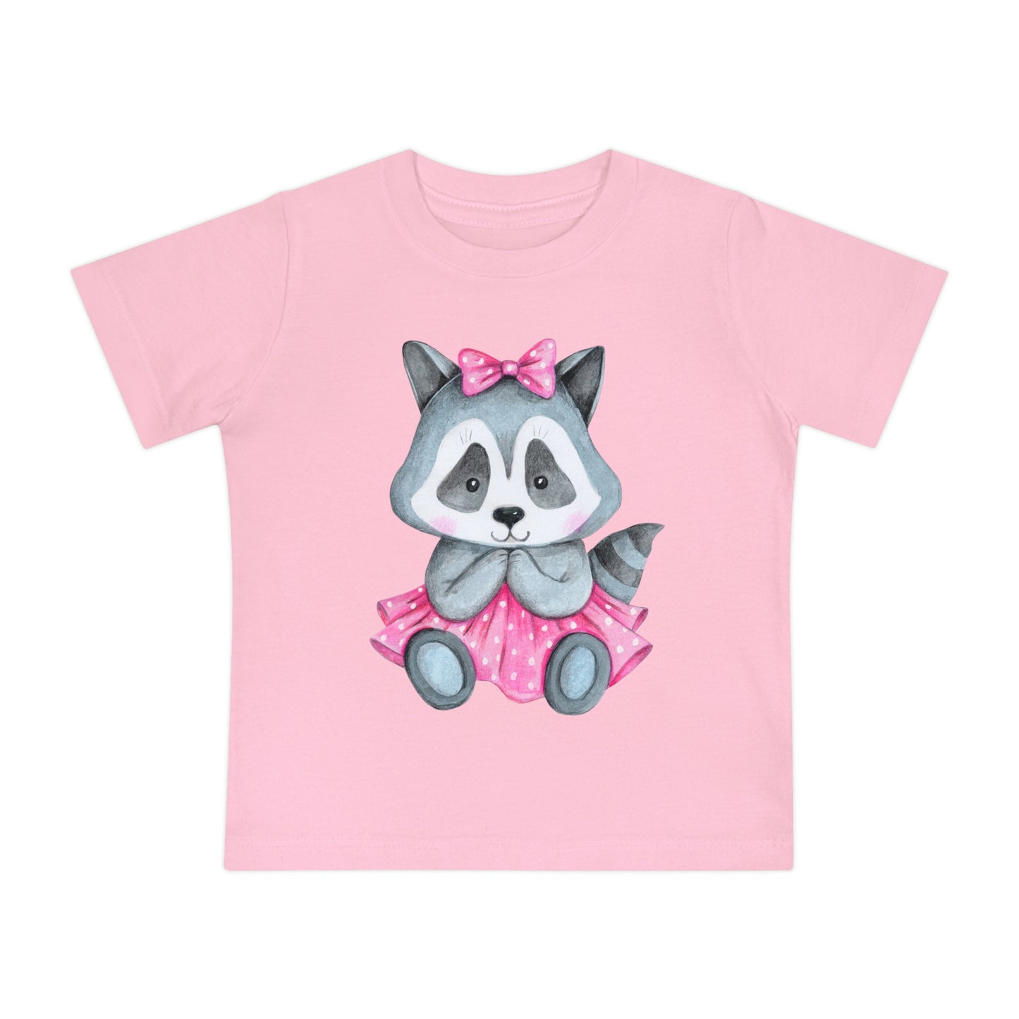 Raccoon kids shirt with pink dress and bow graphic

