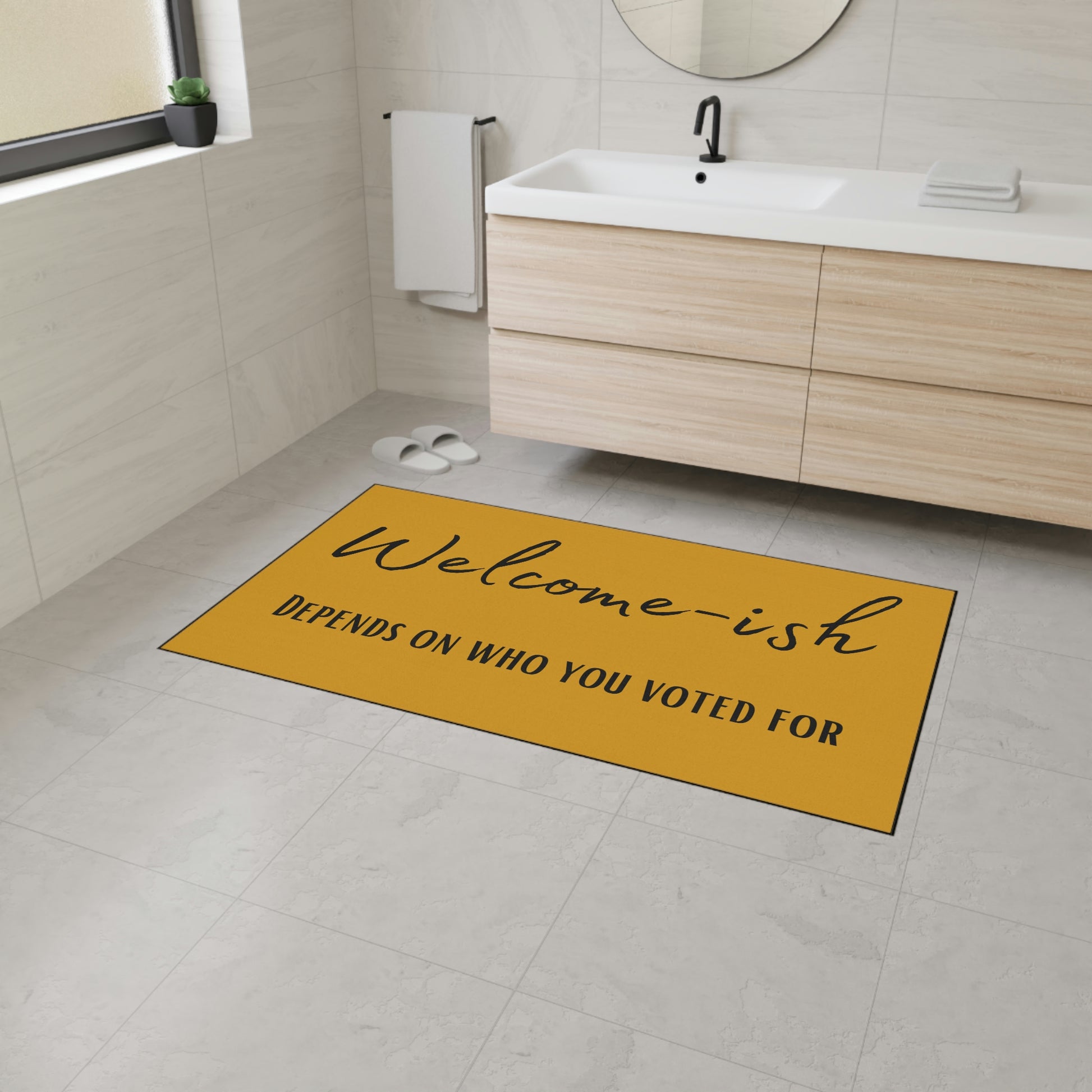Bold and humorous "Welcome-ish" entry mat design