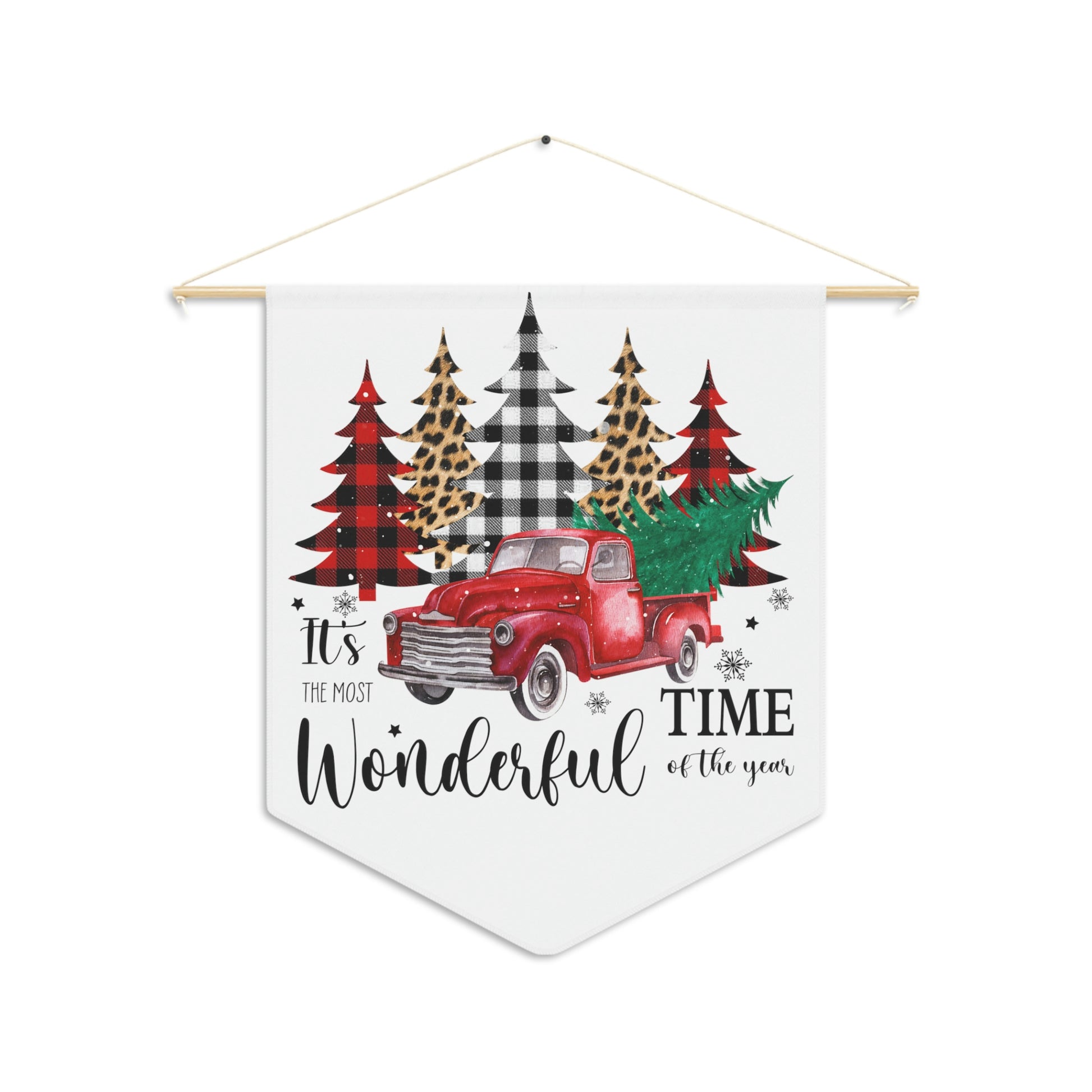 Christmas pennant with colorful patterned trees and farm truck
