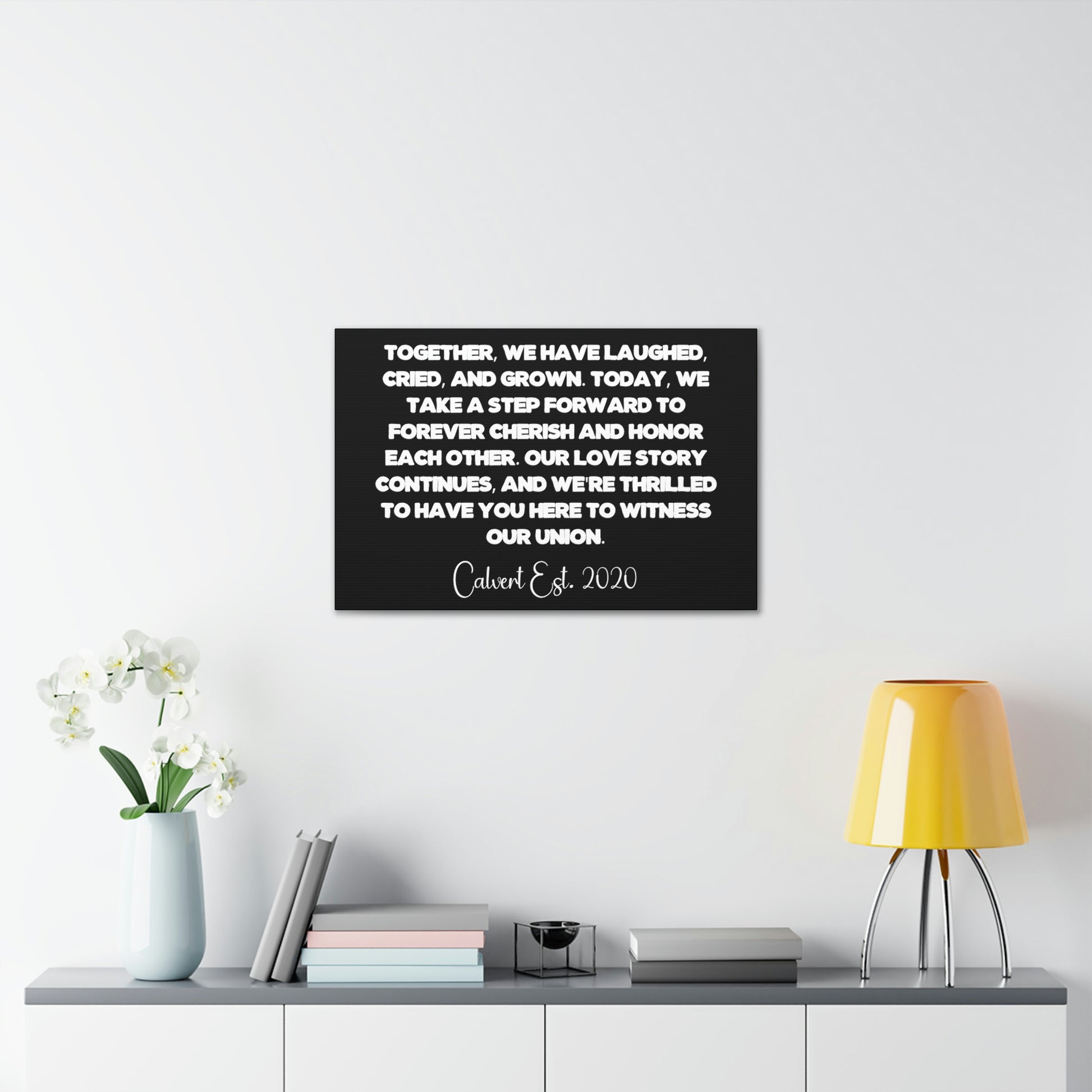 Romantic wedding day canvas art with vows and graphics

