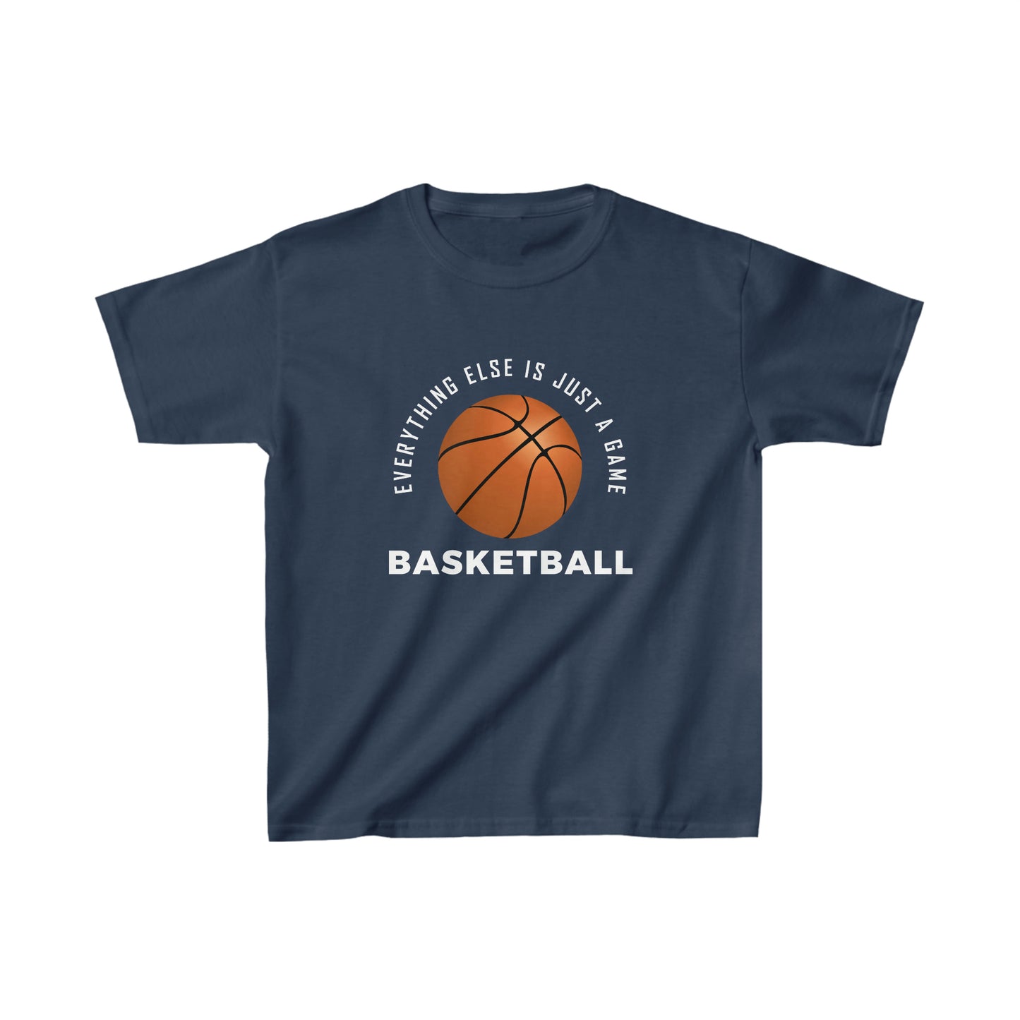 Kids sports t-shirt with basketball-themed text and graphic.
