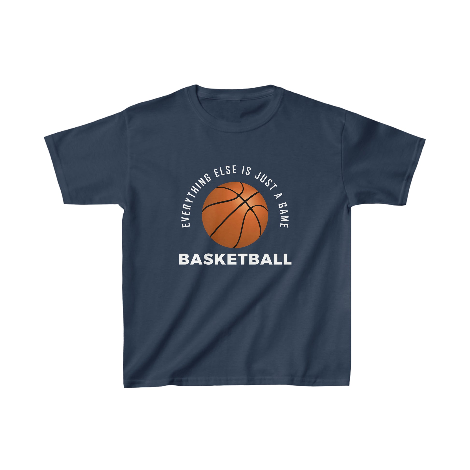 Kids sports t-shirt with basketball-themed text and graphic.
