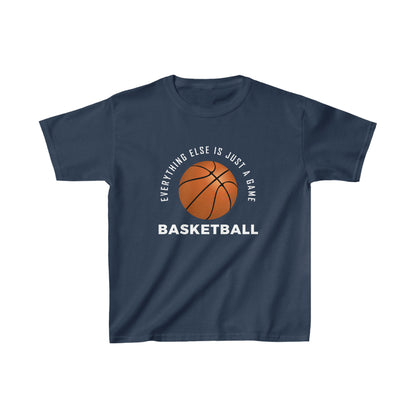 Kids sports t-shirt with basketball-themed text and graphic.
